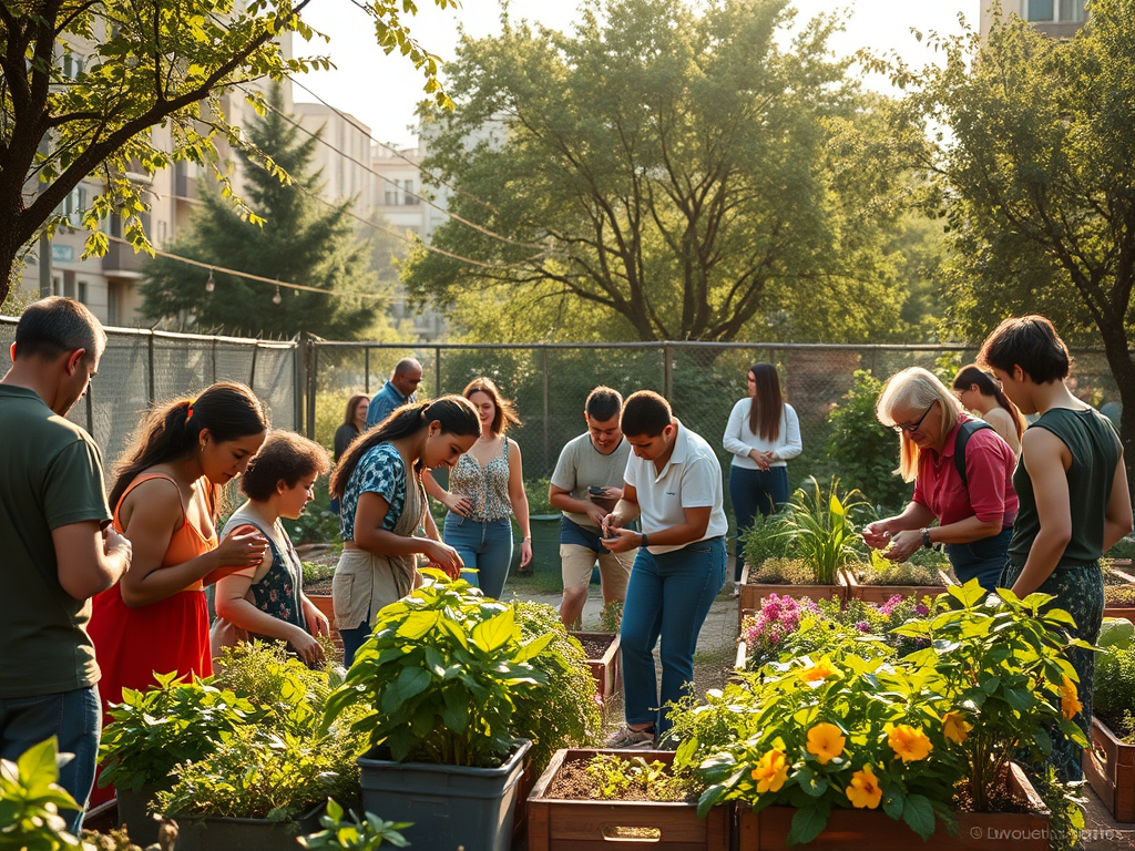 Grup de persones que es dediquen a activitats de jardineria urbana, cuidant les plantes en un entorn d'hort comunitari.