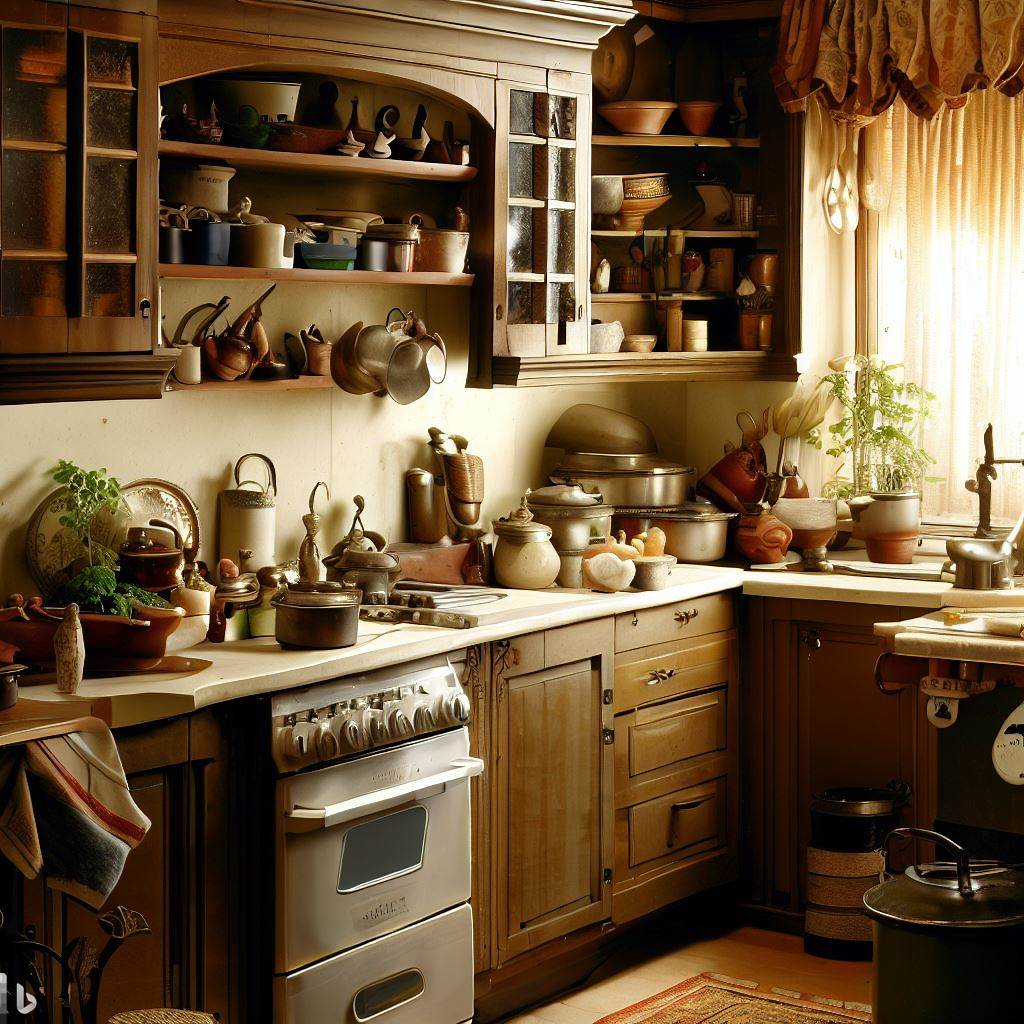 Cuina rústica i acollidora amb utensilis de cuina tradicionals, prestatges plens de plats de ceràmica, olles i una finestra amb cortines suaus que il·luminen l'espai.
