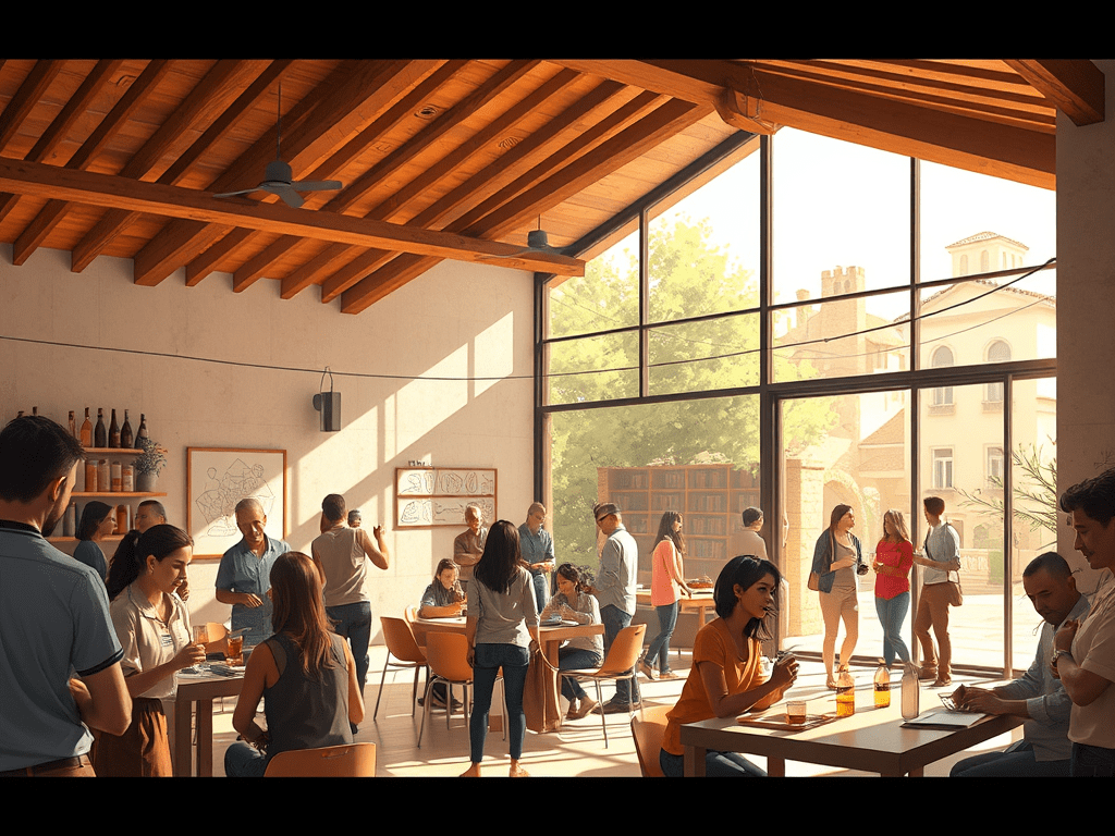 Interior d'un casal amb persones interactuant, menjant i bevent, en un espai amb grans finestrals i decoració moderna.