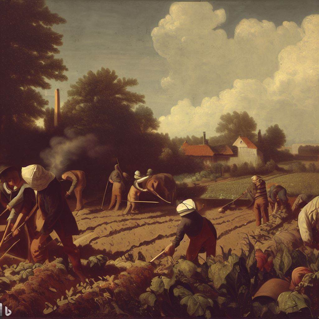 Pintura que representa pagesos treballant en un camp, amb un fons de núvols i una granja al distància.
