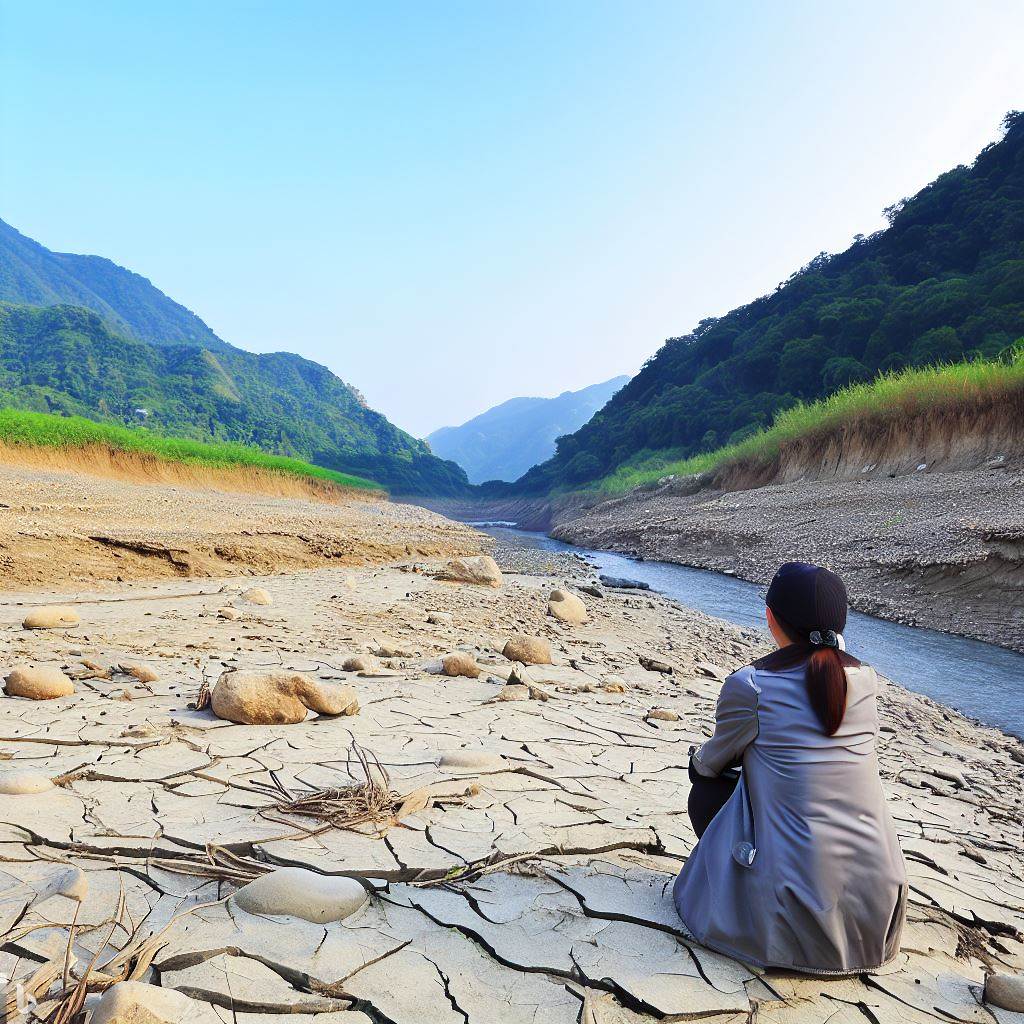 Una persona asseguda en una riba d'un riu assecat, envoltada de terres eixut i cracks, amb muntanyes al fons en un dia assolellat.