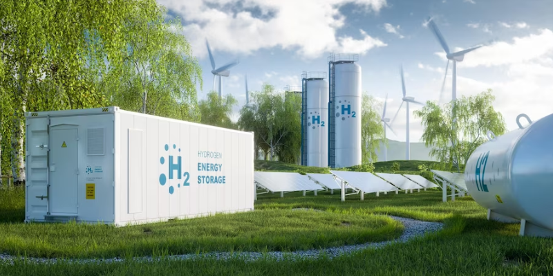 Instal·lació d'emmagatzematge d'energia d'hidrogen amb dipòsits, panells solars i molins d'aire en un entorn natural.