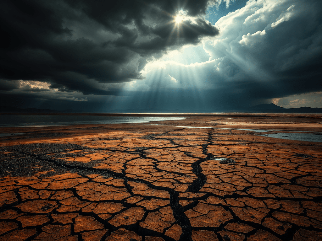 Paisatge sec amb terres trencades i fissures, sota núvols grisos amb raigs de llum que il·luminen l'escena.