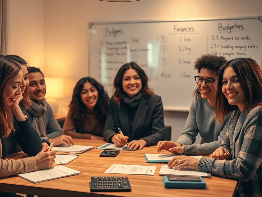 Un grup de persones durant un taller d'economia domèstica, rient i col·laborant mentre revisen documents sobre finances i pressupostos.