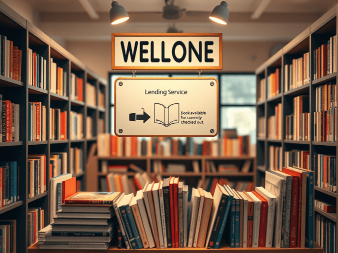 Interior d'una biblioteca amb prestatges plens de llibres. Hi ha un cartell que diu 'WELLONE' i un altre que indica 'Lending Service' amb informació sobre llibres disponibles.