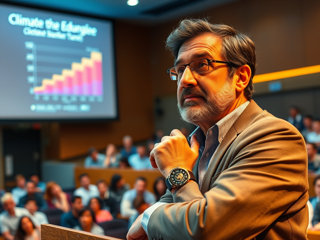 Home sospitant amb barba i ulleres, assegut davant d'una audiència atenta a una presentació sobre el clima, amb un gràfic de dades al darrere.
