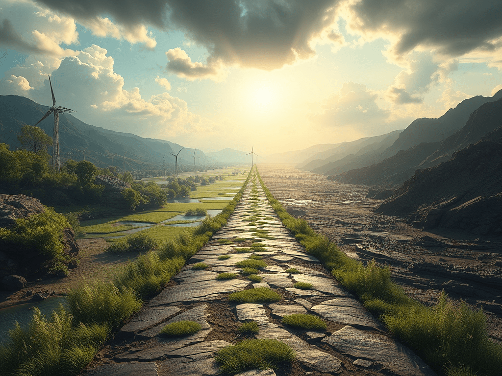 Un camí de pedra que s'estén cap a l'horitzó, envoltat de paisatges naturals amb molins de vent, simbolitzant un futur sostenible en un món en transformación.