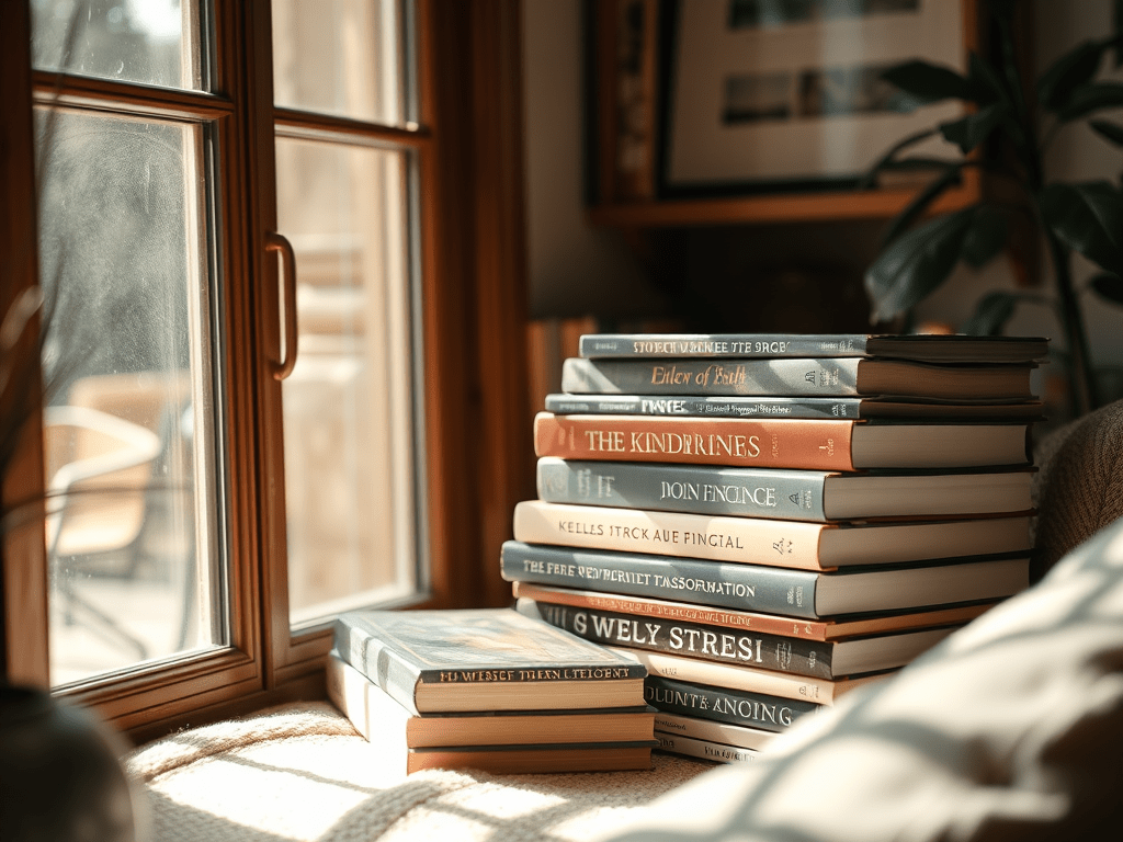 Una pila de llibres apilats a prop d'una finestra amb llum natural, creant un ambient acollidor i càlid.