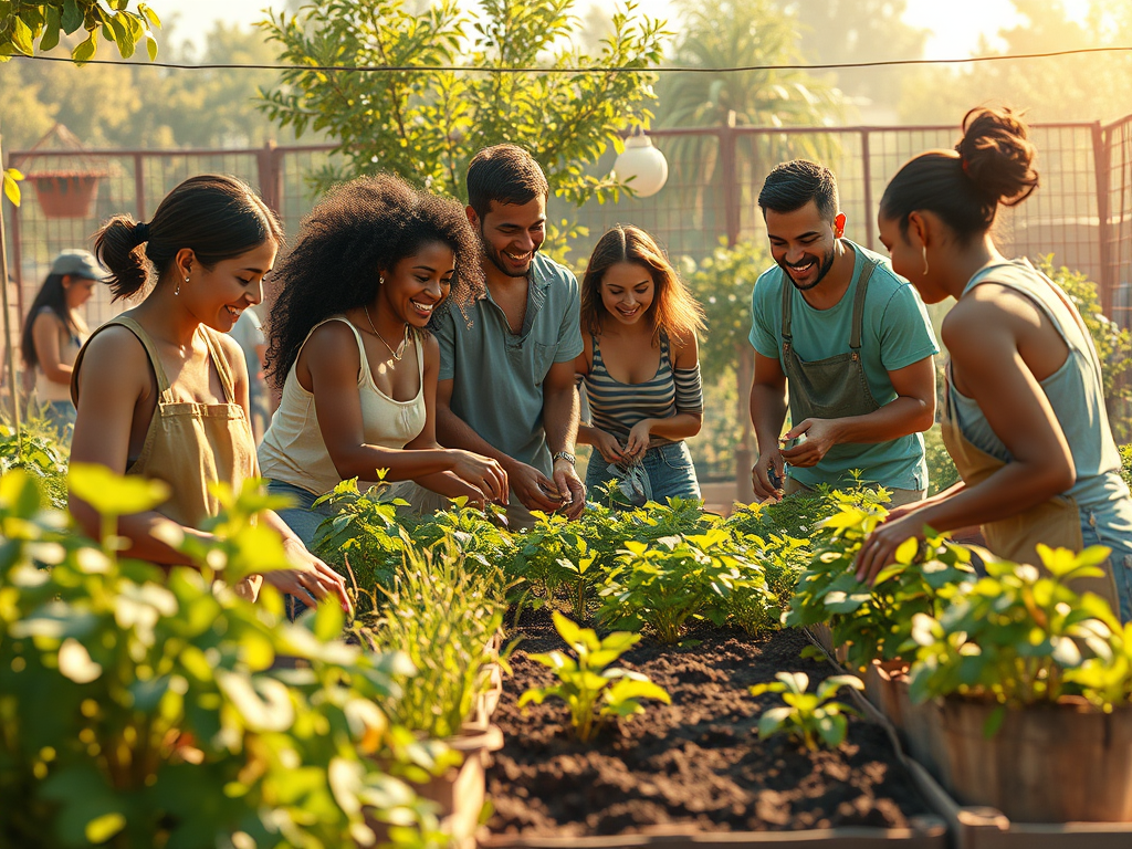Un grup de sis persones treballant en un hort comunitari, recolzades en les plantes i participant en activitats de cultiu en un ambient assolellat.