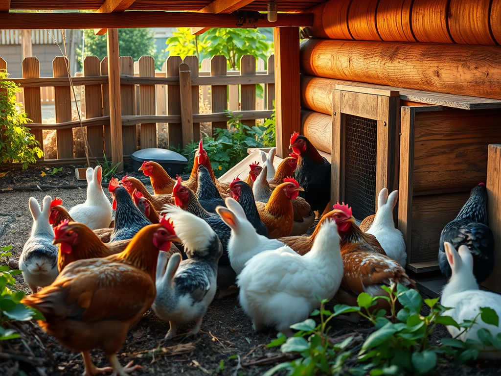 Un grup de gallines i algun conill al voltant d'una casa de fusta en un entorn rural, amb un tancat de fusta al fons.