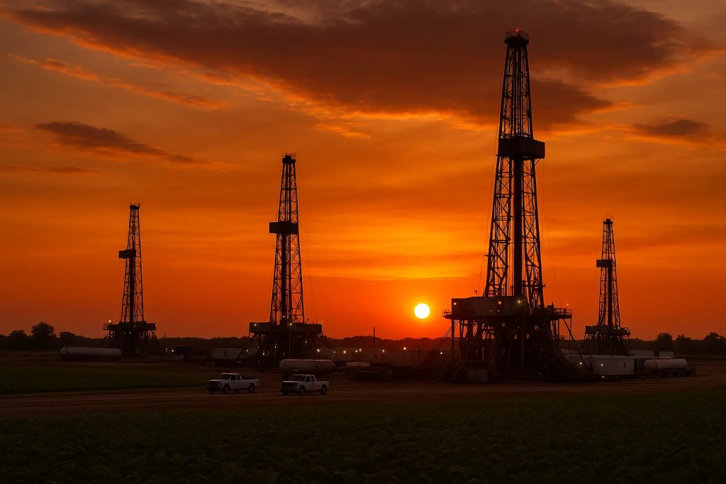 Plataformes de perforació de petroli al camp, amb un impressionant sol de posta al fons.