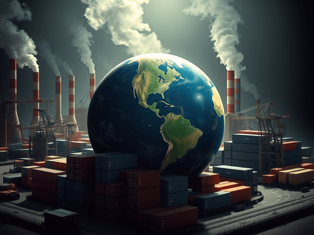 Un globus terrestre envoltat de fàbriques amb fum i contenidors de càrrega, simbolitzant la interconnexió entre la indústria, el comerç global i els problemes ambientals.