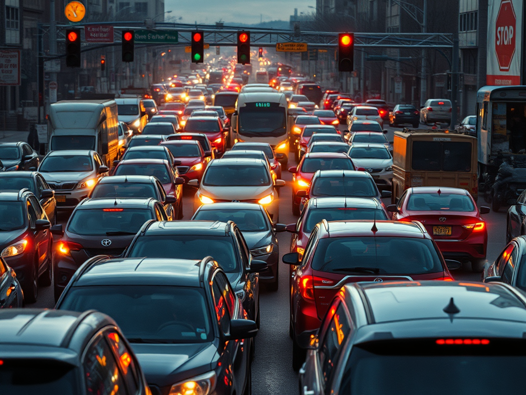 Una vista d'una gran congestió de trànsit amb vehicles aturats en una intersecció urbana, amb semàfors en vermell i alguns en verd.