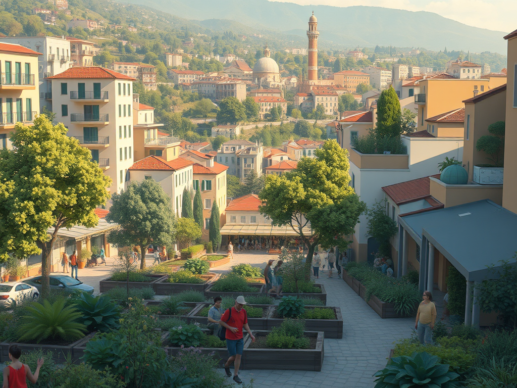 Imatge d'un entorn urbà sostenible amb edificis i jardins, on es poden veure persones passejant i gaudint de l'espai verd.
