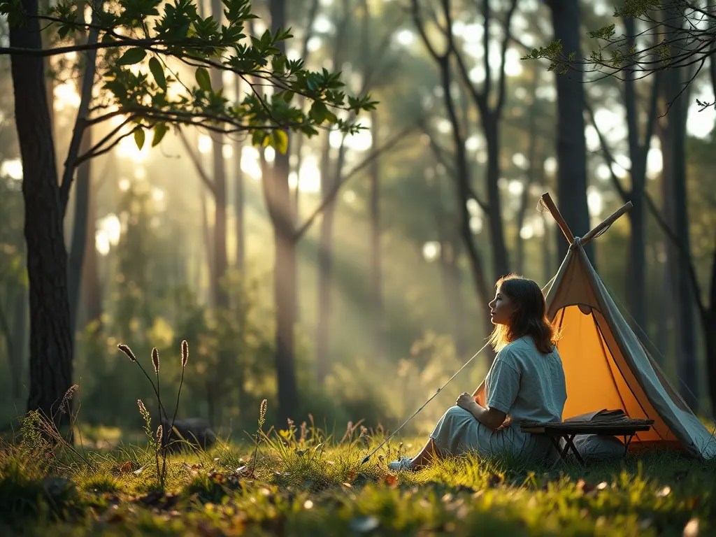 Noia acampada al mig del bosc