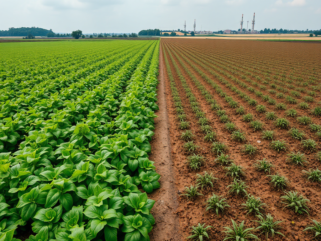 Panoràmica d'un camp agrícola amb una secció de plantes verdes denses a l'esquerra i una secció de cultius més escassos i terres ermes a la dreta, amb instal·lacions industrials al fons.