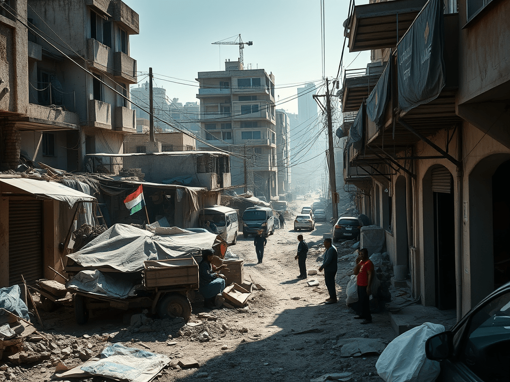 Una vista d'una carrer amb edificis d'estil antic i modern, cobert de runa i brutícia, on es poden veure persones caminant i un vehicle estacionat. Una bandera es pot veure en primer pla, simbolitzant una identitat local.