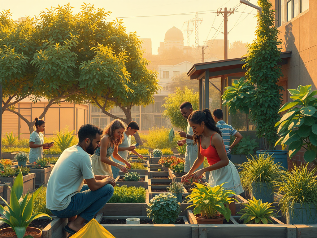 Un grup de persones treballant en un hort comunitari, cuidant plantes i herbes en caixes de cultiu, amb un entorn verd i assolellat.