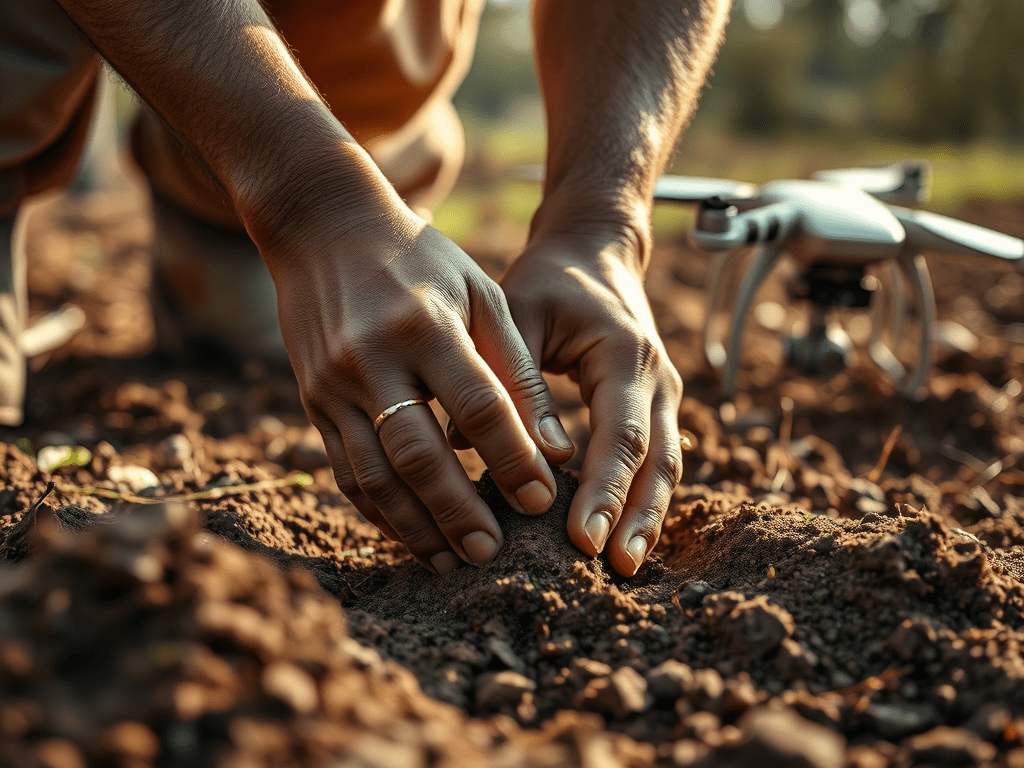 Mans treballant la terra mentre un dron es troba a prop, simbolitzant la interacció entre l'agricultura tradicional i la tecnologia moderna.