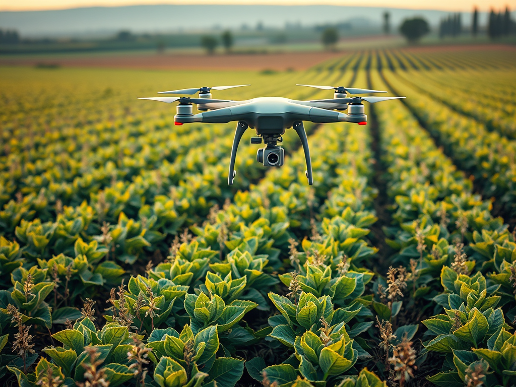 Un dron sobrevola un camp de cultius verds, il·luminat per la llum del matí.