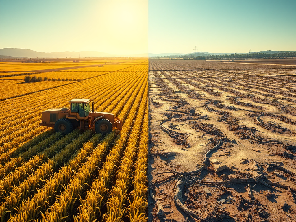 Imatge dividida mostrant a l'esquerra un camp de cultiu ricament verd i ben cuidat, amb un tractor treballant, i a la dreta una àrea de terra desèrtica, seca i erosionada, suggerint les conseqüències negatives de les pràctiques agrícoles insostenibles.
