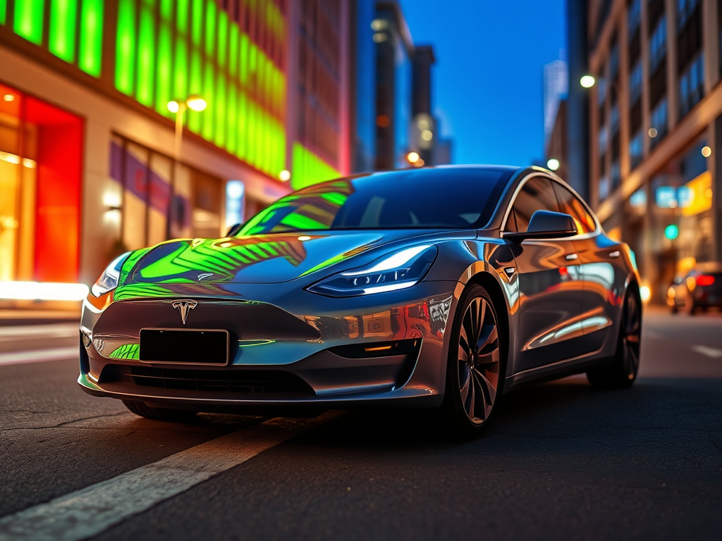 Un cotxe elèctric Tesla aparcat en una carretera iluminada, amb reflections de llums de colors en la seva superfície.