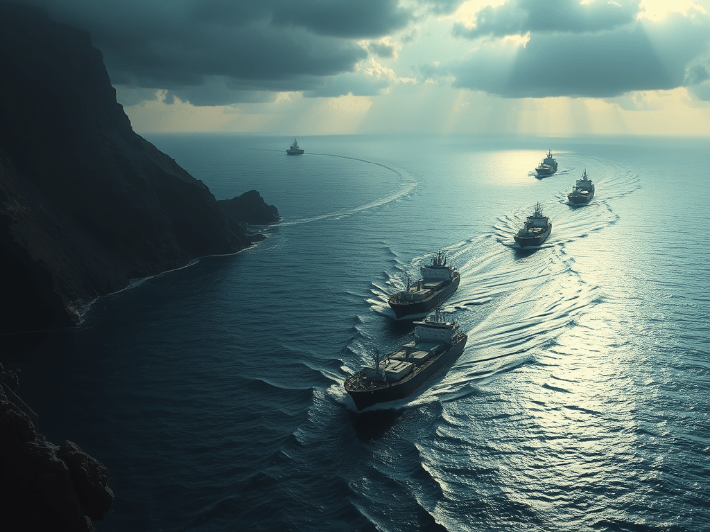 Vista panoràmica de diversos vaixells mercants navegant a través d'aigües marítimes tranquil·les, amb penya-segats a la vora i núvols foscos en el cel.