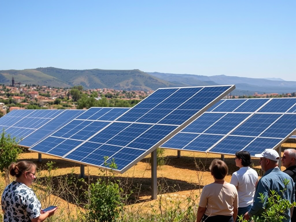 Un grup de persones observant panells solars en un entorn natural, amb un paisatge de muntanyes al fons.