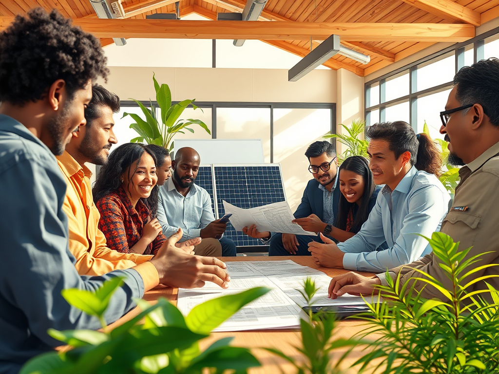 Un grup de persones en una reunió col·laborativa al voltant d'una taula, analitzant documents i amb panells solars visibles al fons, en un ambient d'oficina acollidor amb plantes.