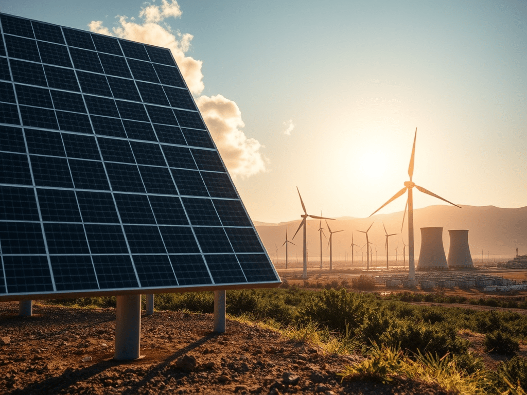 Panell solar amb molins d'aire de fons i plantes, al capvespre.