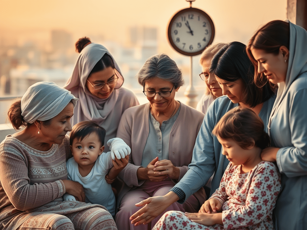 Imatge de diverses generacions de dones reunides, incloent àvies, mares i nenes, en un ambient càlid i acollidor. Sembla que estan compartint un moment de connexió i afecte en un espai familiar.
