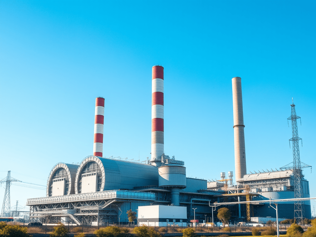 Central elèctrica amb xemeneies de colors, contra un fons de cel blau clar.