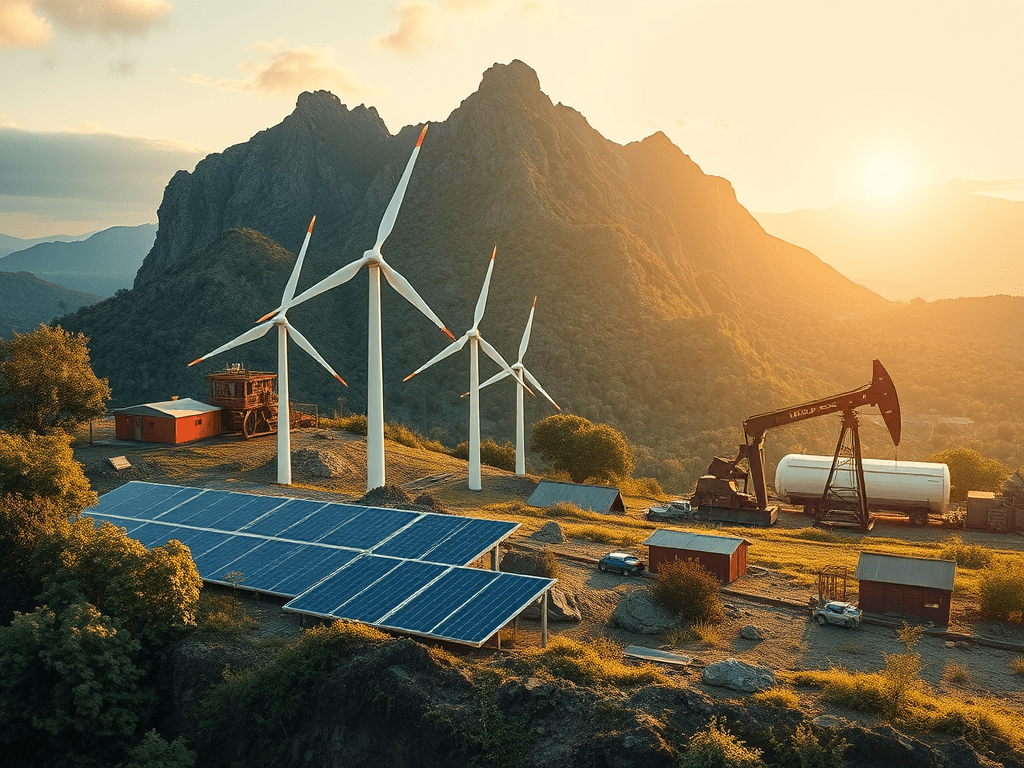 Paisatge energètic amb molins de vent i panells solars, amb una instal·lació d'extracció de petroli a la base de les muntanyes, il·luminat per la llum d'un sol ponent.