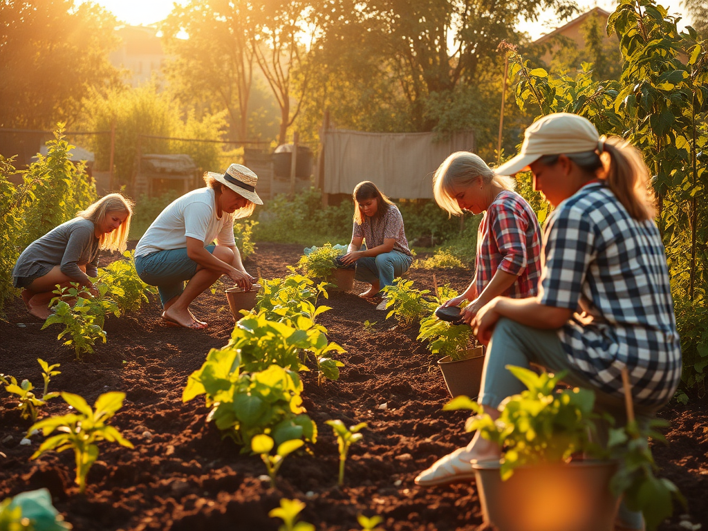 Diverses persones treballant en un jardí, recol·lectant i cuidant plantes sota la llum daurada del sol al matí.