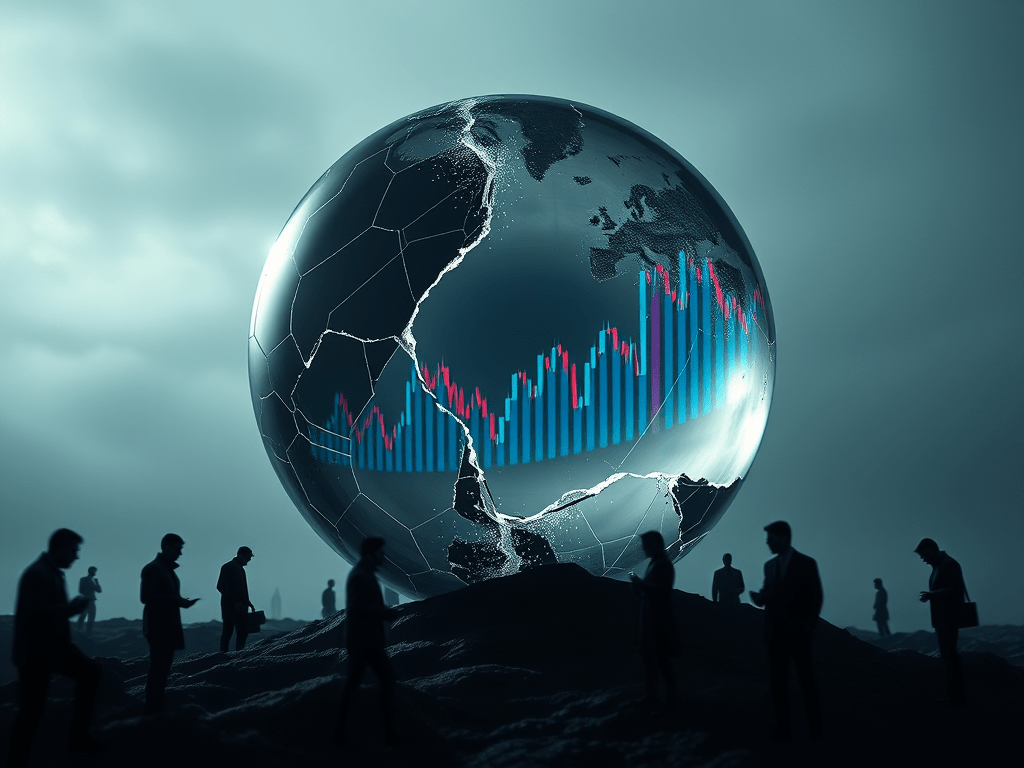 Globus terrestre trencat amb gràfics d'índex borsari, envoltat de siluetes de persones en un entorn fosc i neborós.