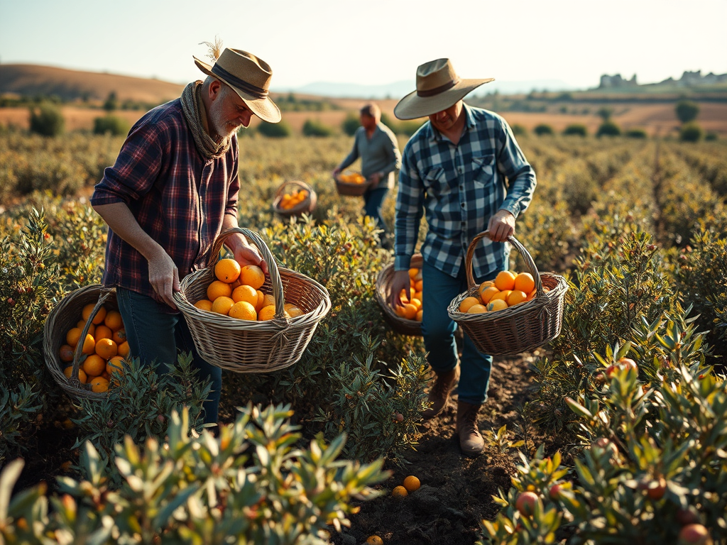 Dues persones recollint taronges en un camp durant el dia, amb cistells plens de fruites.