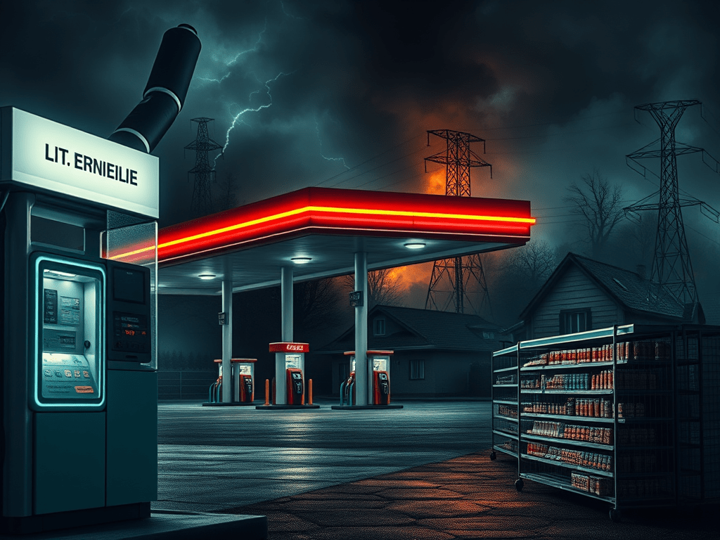 Estació de servei nocturna amb un ambient inquietant, incloent màquines expenedores i bombers de gasolina sota un cel amb tempestes i llamps.