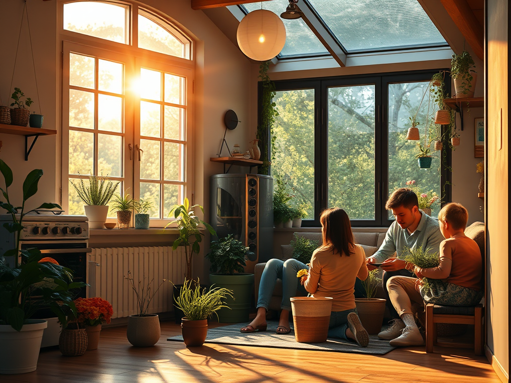 Una família passant temps junts en un espai amb plantes, mentre es preparen per cultivar-ne de noves. La llum del sol entra per la finestra, il·luminant l'interior de la llar.