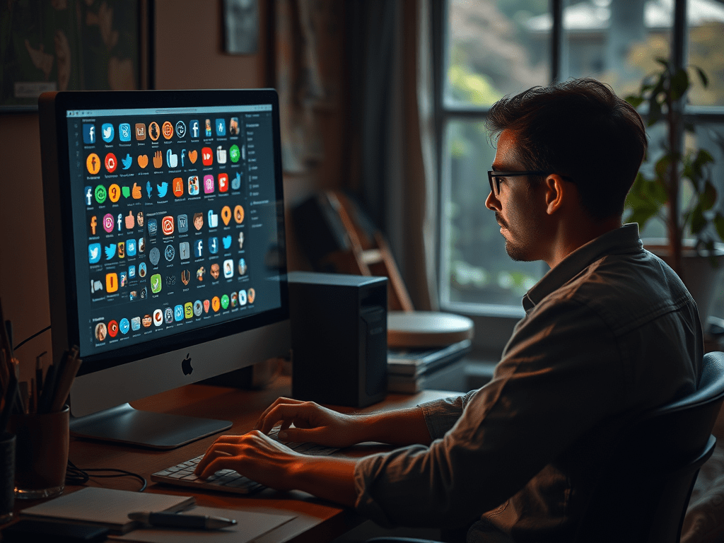 Un individu treballant a l'ordinador, envoltat d'icones d'aplicacions de xarxes socials, explorant el món digital.