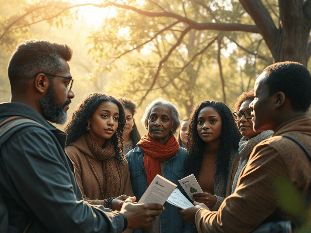 Un grup de persones de diverses edats i gèneres discuteix en un entorn natural amb una llum suau, mentre sostenen documents i pamflets, simbolitzant la participació comunitària i el compromís amb la sostenibilitat.