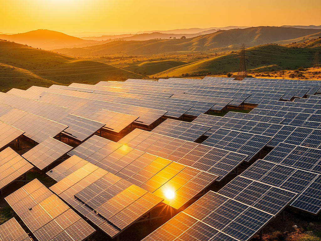Vista d'una planta solar fotovoltaica amb panells solars reflectint la llum del sol al capvespre, situada en un paisatge de turons verds.