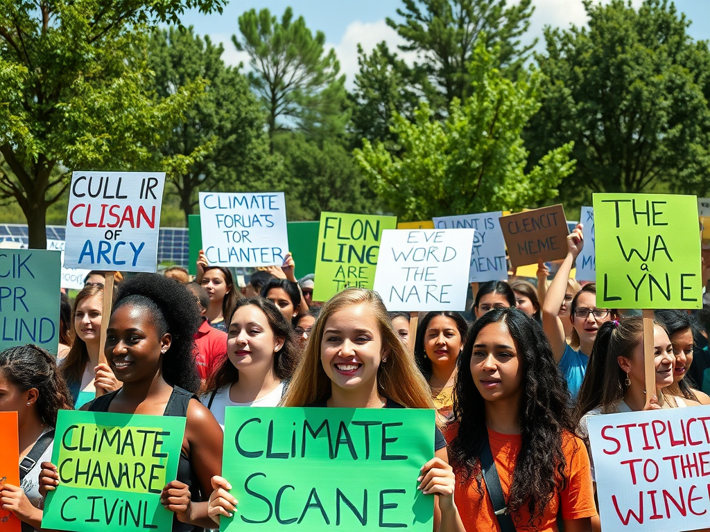 Grupo de jóvenes sosteniendo carteles en una manifestación por el cambio climático, mostrando mensajes de concienciación ambiental.