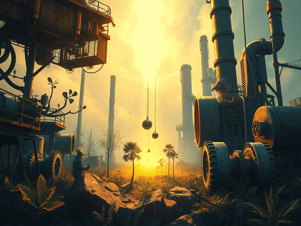 Imatge d'una fàbrica amb elements de natura que creixen al voltant, simbolitzant la interacció entre tecnologia industrial i ecologia, amb una llum càlida i evocadora al fons.