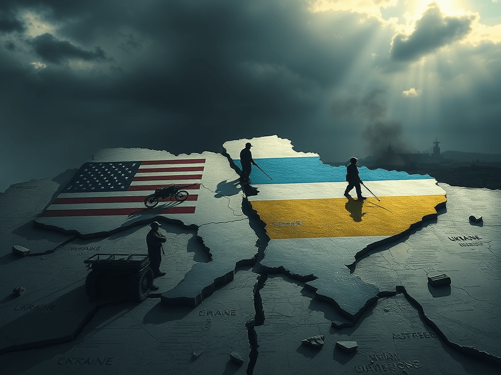 Mapa de Ucraïna amb la bandera americana i la bandera ucraïnesa, representant els interessos en conflicte en el context de la guerra d'Ucraïna.
