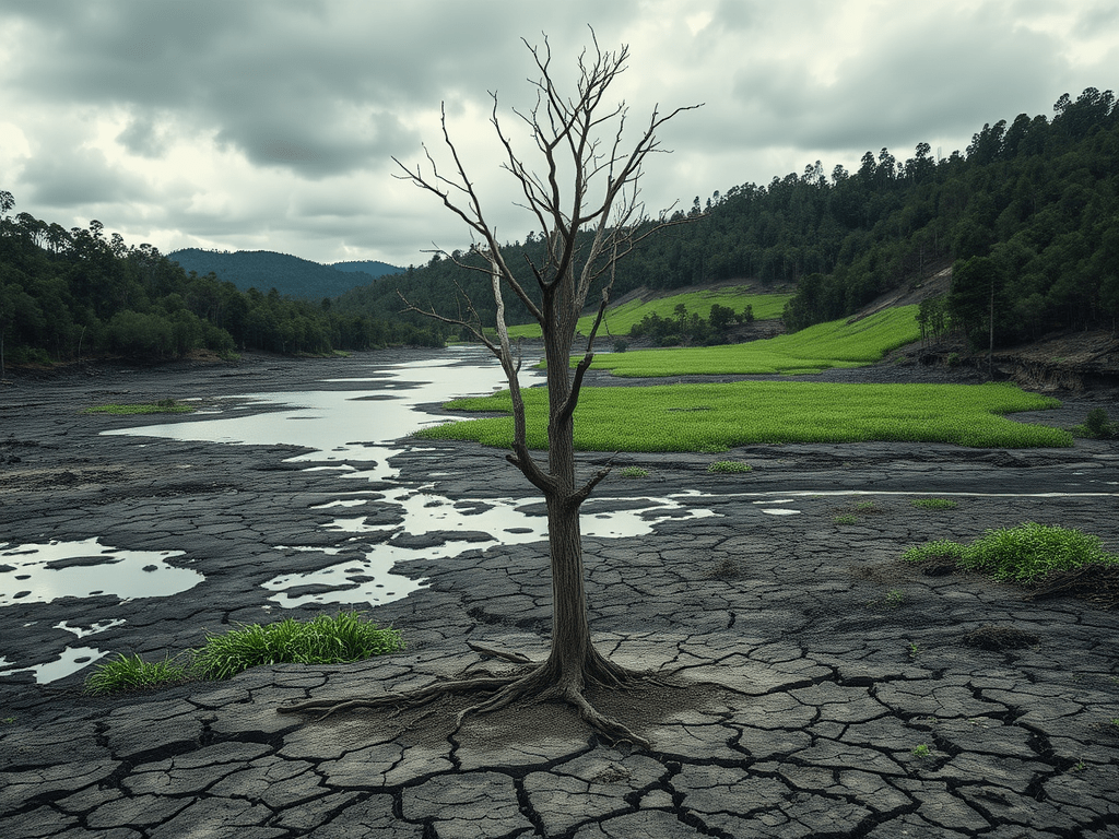 Un paisatge desèrtic amb un arbre sec al centre, envoltat de terra eixuta i fissurada, amb aigua estancada en algunes zones, sota un cel núvol.