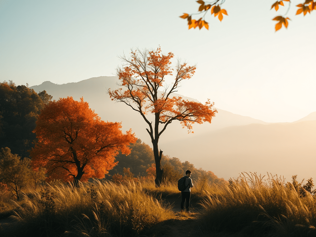 Un jove caminant per un sender en un paisatge de tardor amb arbres de fulles taronja i un horitzó muntanyós al fons.