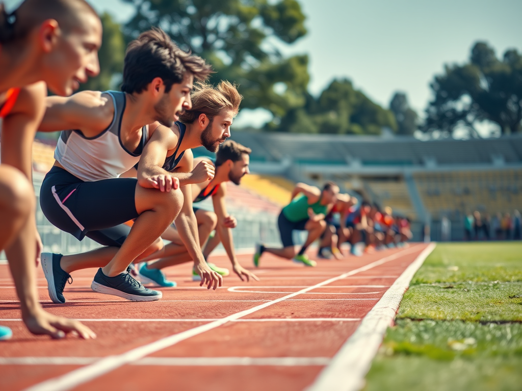 Atletes a la línia de sortida d'una cursa, preparats per competir en una pista d'atletisme.