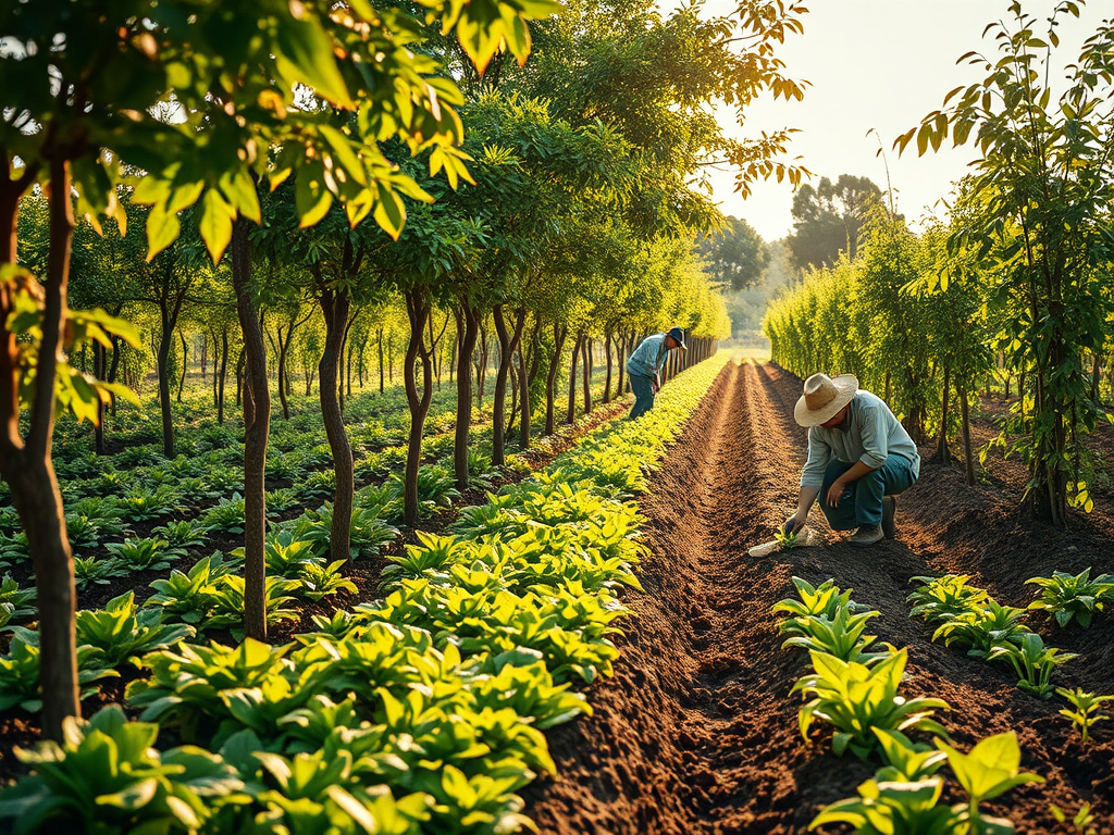 Un agricultor treballant en un camp d'hortalisses, envoltat d'arbres, a primera hora del matí, amb llum suau i vegetació verda.