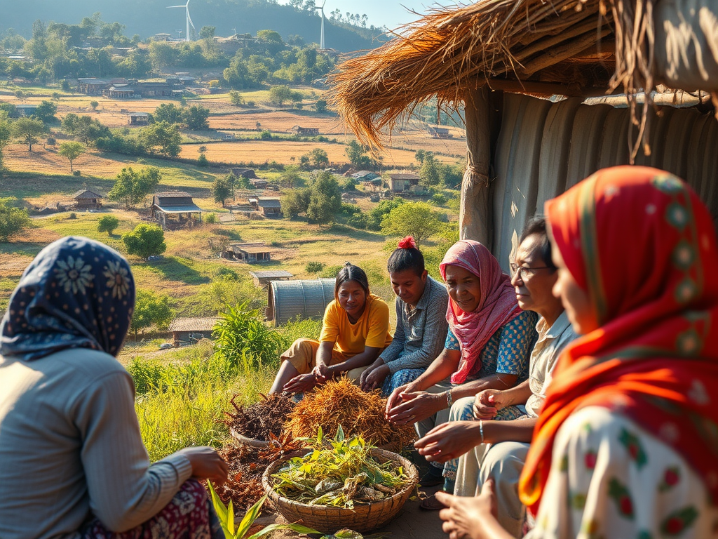 Un grup de dones en un entorn rural, reunides al voltant d'una cistella amb herbes i materials naturals, mentre treballen juntes en un projecte comunitari.