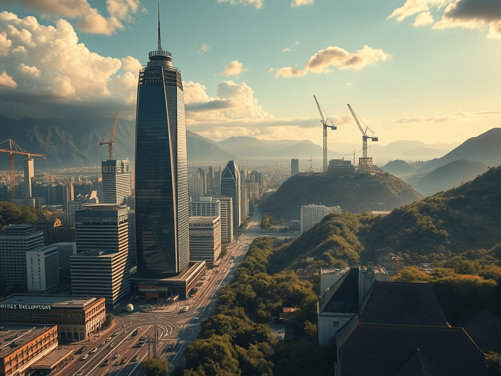 Vista panoràmica d'una ciutat amb gratacels moderns i zones de construcció, envoltada de muntanyes verdes i núvols a l'horitzó.
